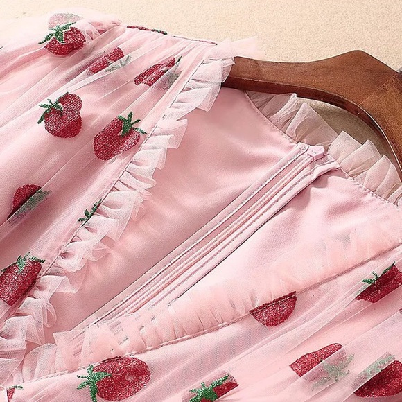 Strawberry V Neck Tulle Summer Dress , main image 1